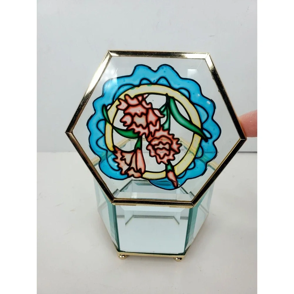 Vtg Hexagon Floral Brass Trinket Jewelry Box Stained Glass Mirrored Pink‎ & Blue